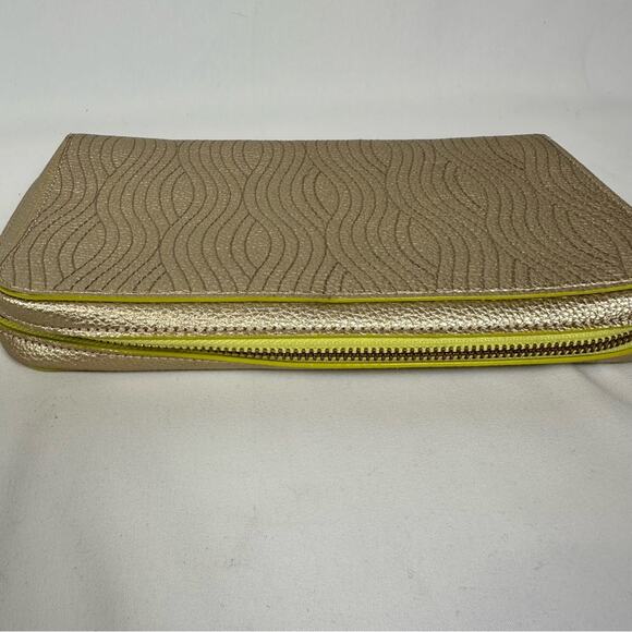 Anthropologie Gold Metallic Clutch Zip Around Closure Planner Wallet 9X6 - Picture 5 of 12
